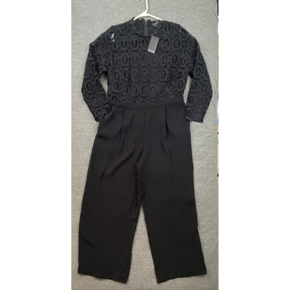 Eloquii Jumpsuit 16 Black‎ Lace Floral High Neck Wide Leg Pleated Pockets Party